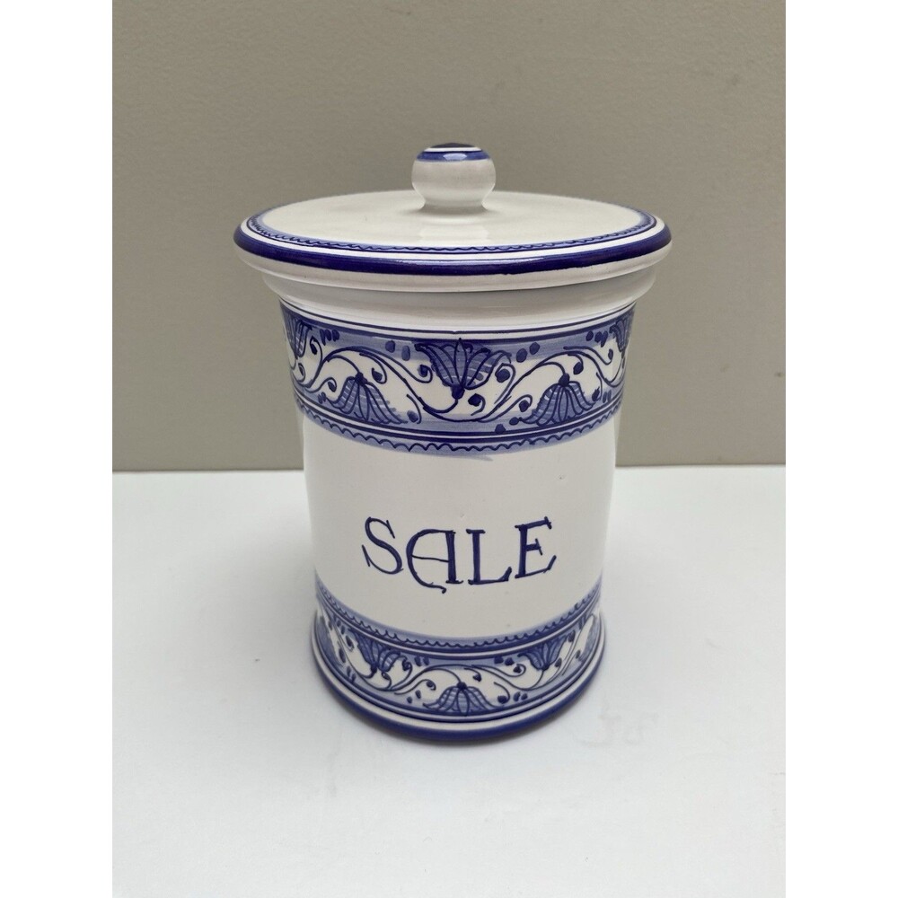 Italian Pottery Ceramic Salt Keeper Lidded Cannister Jar BLUE & WHITE Italy - Picture 2 of 6